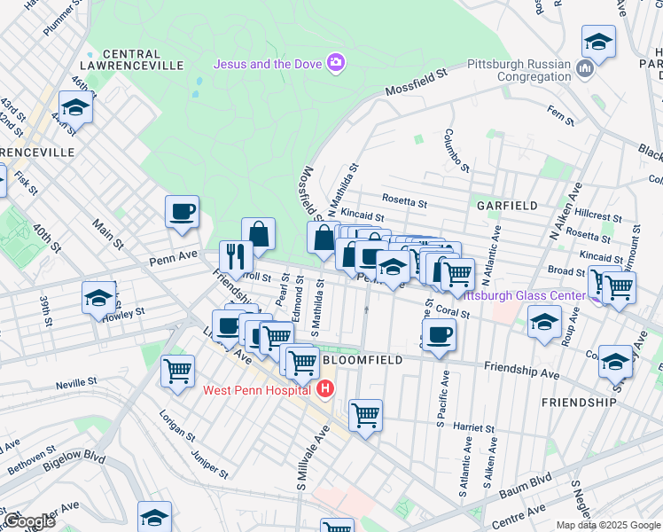 map of restaurants, bars, coffee shops, grocery stores, and more near 4823 Penn Avenue in Pittsburgh