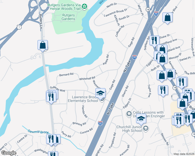 map of restaurants, bars, coffee shops, grocery stores, and more near 36 Whitehall Road in East Brunswick