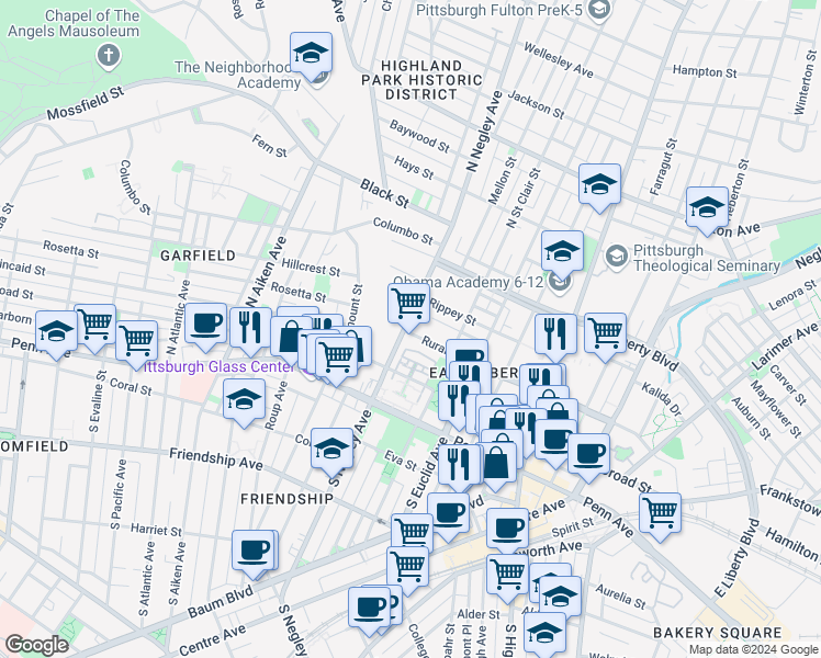 map of restaurants, bars, coffee shops, grocery stores, and more near 300 North Negley Avenue in Pittsburgh