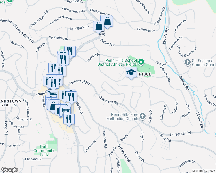 map of restaurants, bars, coffee shops, grocery stores, and more near 102 Mahoning Drive in Pittsburgh