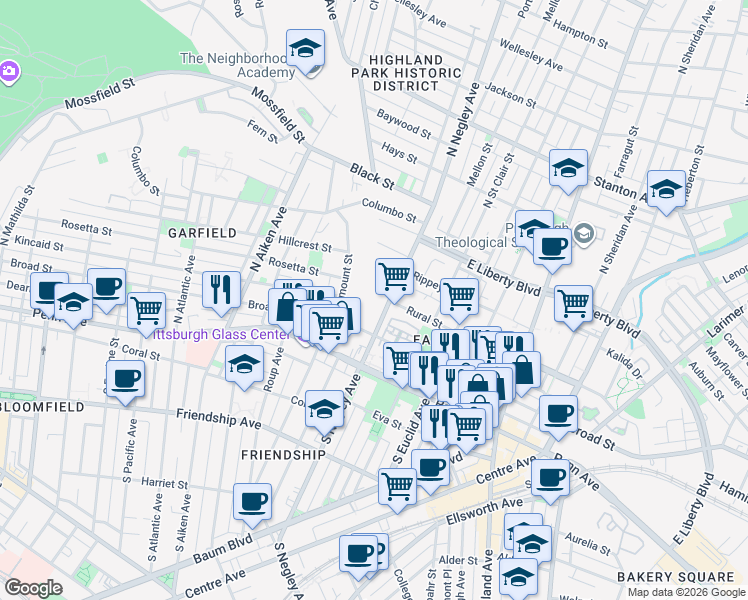 map of restaurants, bars, coffee shops, grocery stores, and more near 215 North Negley Avenue in Pittsburgh