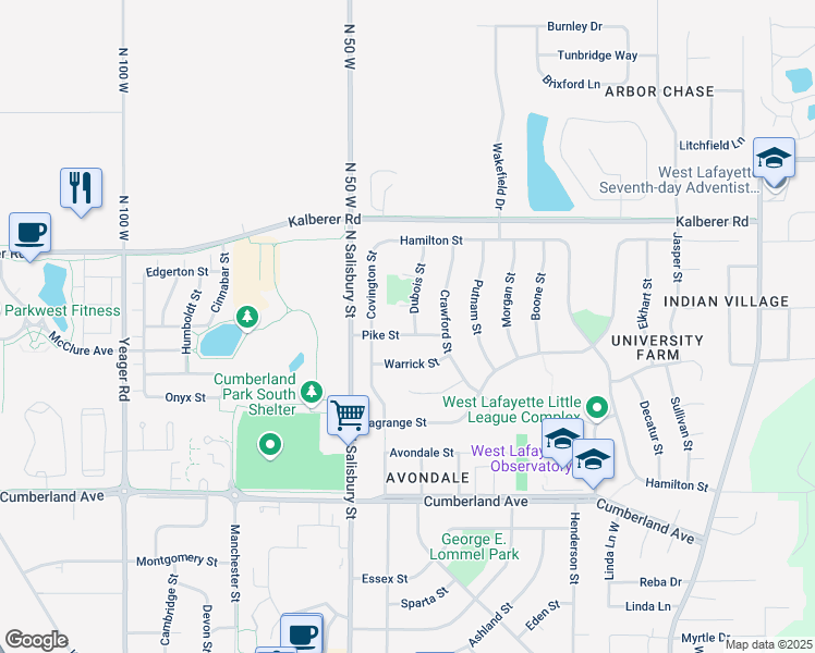 map of restaurants, bars, coffee shops, grocery stores, and more near 3312 Dubois St in West Lafayette