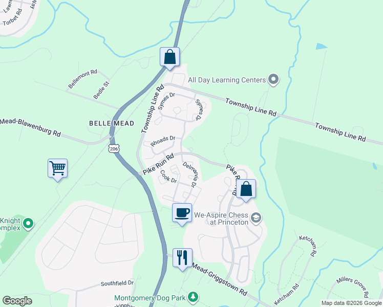 map of restaurants, bars, coffee shops, grocery stores, and more near 4 Pike Run Road in Montgomery