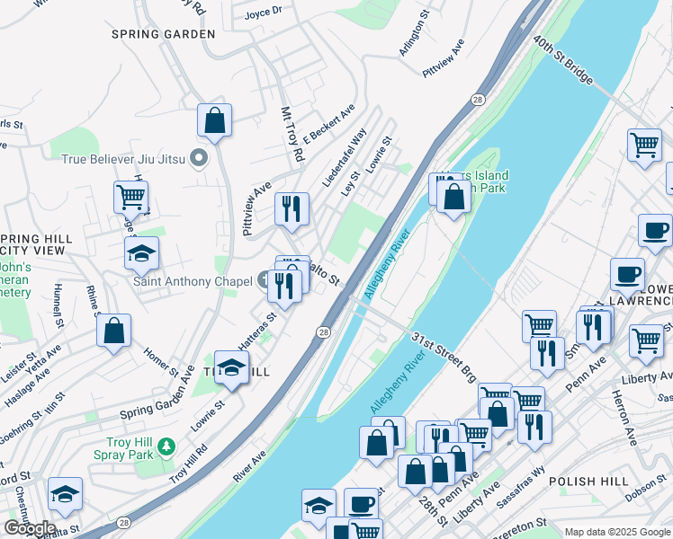 map of restaurants, bars, coffee shops, grocery stores, and more near 1505 Fleck Street in Pittsburgh