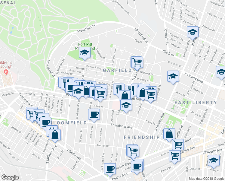 map of restaurants, bars, coffee shops, grocery stores, and more near 140 North Atlantic Avenue in Pittsburgh