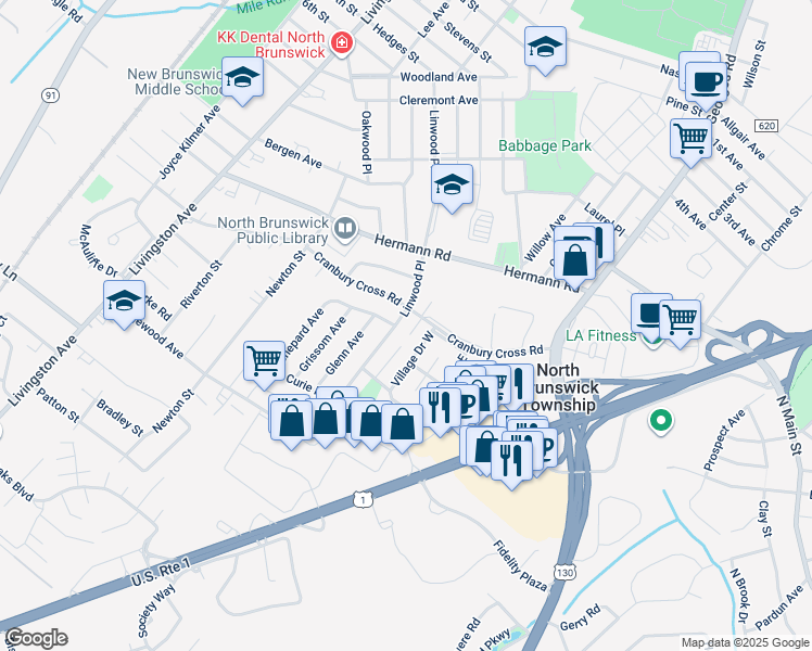 map of restaurants, bars, coffee shops, grocery stores, and more near 918 Linwood Place in North Brunswick Township