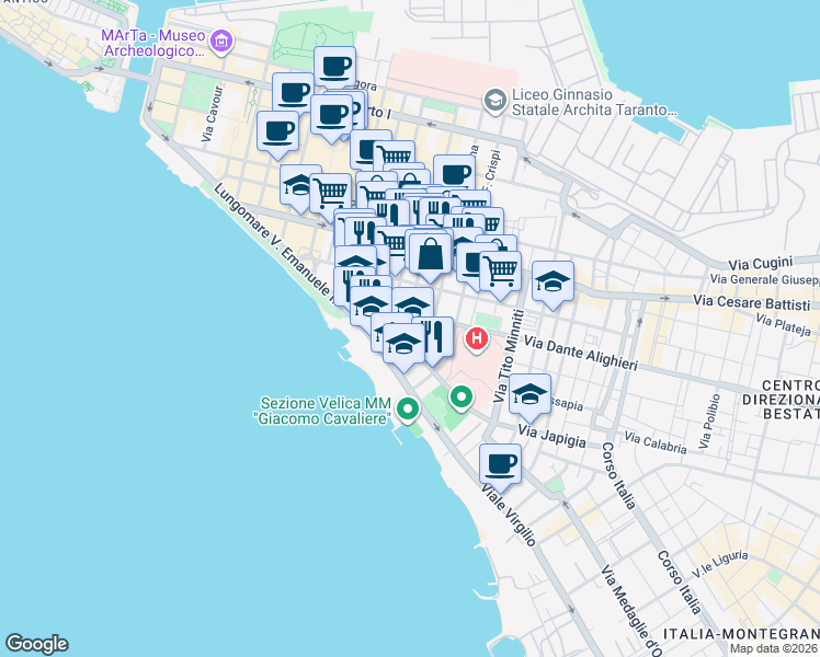 map of restaurants, bars, coffee shops, grocery stores, and more near 2 Via Bruno Francesco in Taranto