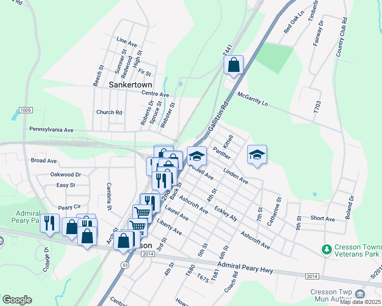 map of restaurants, bars, coffee shops, grocery stores, and more near 220-238 Columbus Avenue in Cresson