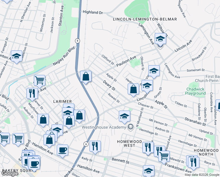 map of restaurants, bars, coffee shops, grocery stores, and more near 6618 Deary Street in Pittsburgh