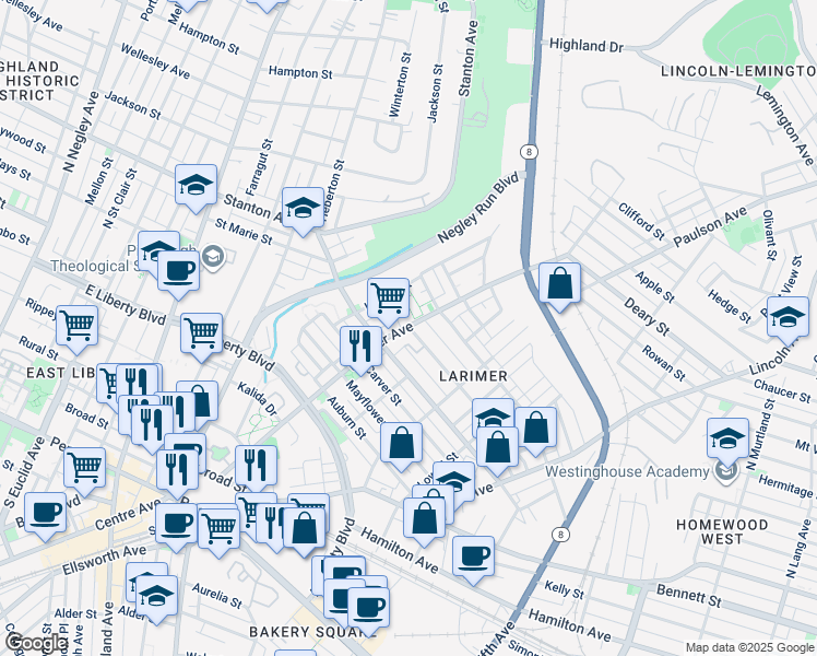 map of restaurants, bars, coffee shops, grocery stores, and more near in Pittsburgh