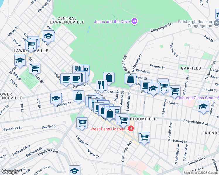 map of restaurants, bars, coffee shops, grocery stores, and more near 4567 Comrie Way in Pittsburgh