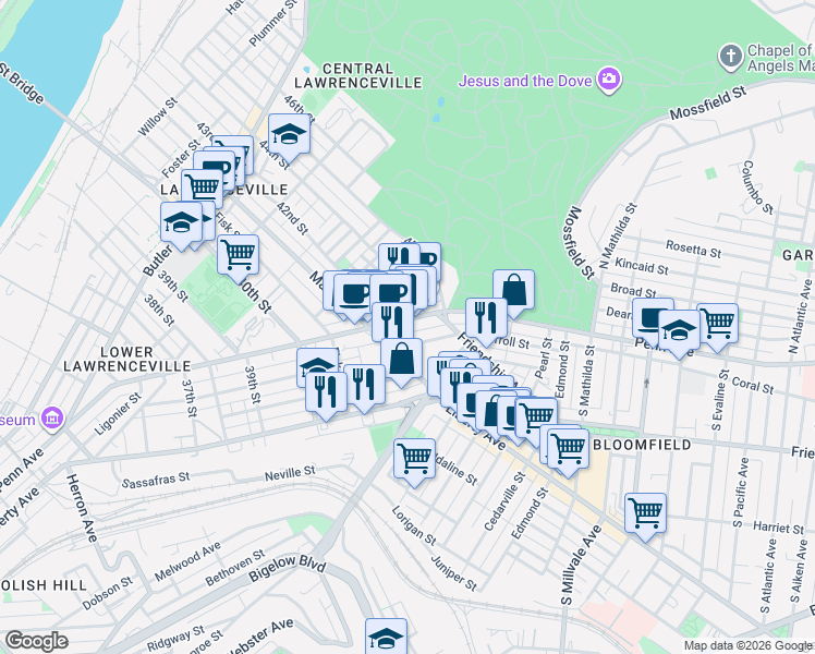 map of restaurants, bars, coffee shops, grocery stores, and more near 4410 Woolslayer Way in Pittsburgh