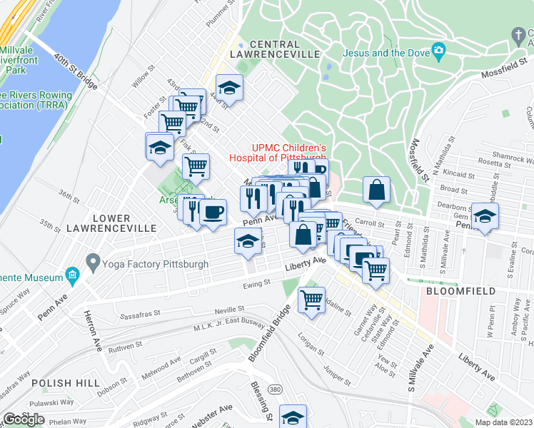 map of restaurants, bars, coffee shops, grocery stores, and more near 4063 Penn Avenue in Pittsburgh
