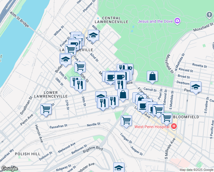 map of restaurants, bars, coffee shops, grocery stores, and more near 4063 Penn Avenue in Pittsburgh