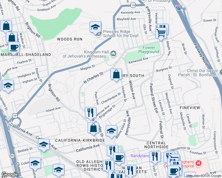 map of restaurants, bars, coffee shops, grocery stores, and more near 524 West Burgess Street in Pittsburgh