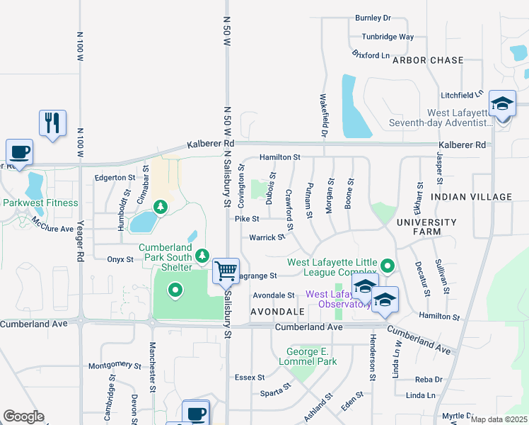 map of restaurants, bars, coffee shops, grocery stores, and more near 3312 Dubois St in West Lafayette