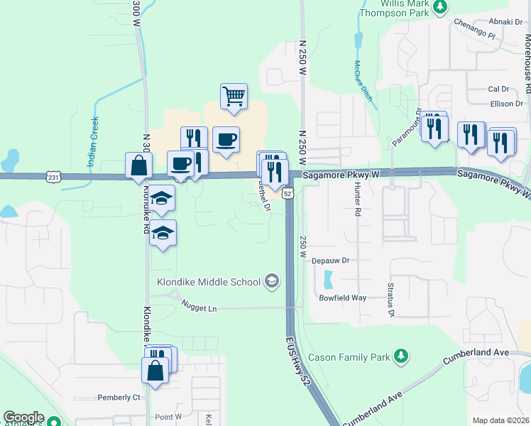 map of restaurants, bars, coffee shops, grocery stores, and more near 2604 Demmings Court in West Lafayette