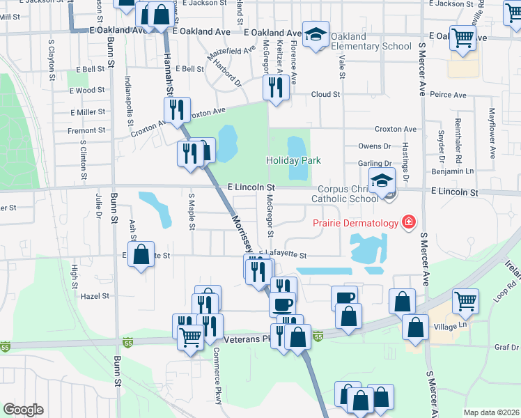 map of restaurants, bars, coffee shops, grocery stores, and more near 1011 McGregor Street in Bloomington