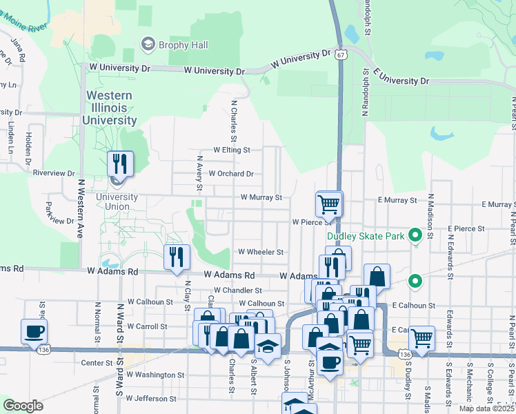 map of restaurants, bars, coffee shops, grocery stores, and more near 622 1/2 North Albert Street in Macomb