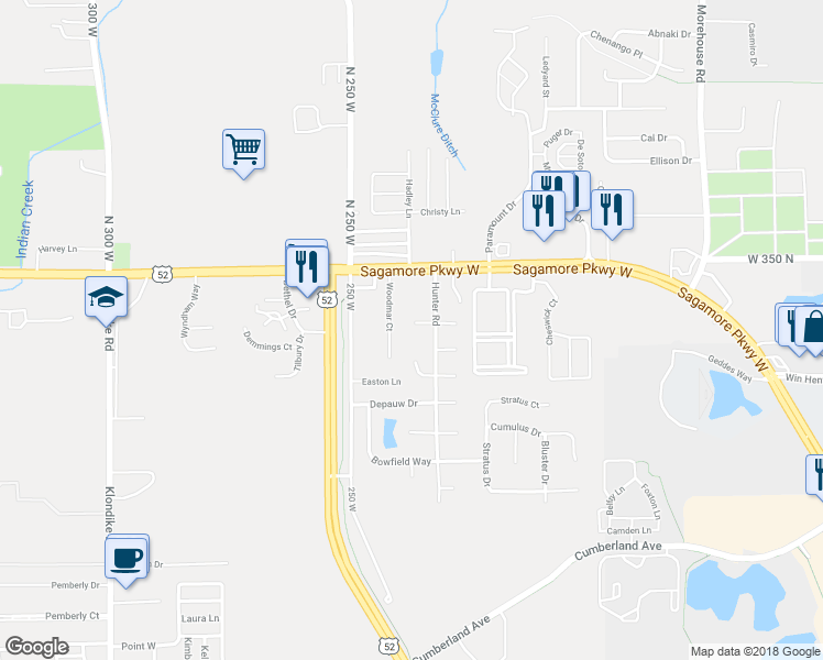 map of restaurants, bars, coffee shops, grocery stores, and more near 2312 Centennial Court West in West Lafayette