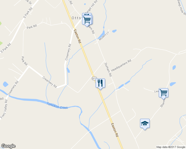 map of restaurants, bars, coffee shops, grocery stores, and more near 2 Tohickon Valley Road in Ottsville