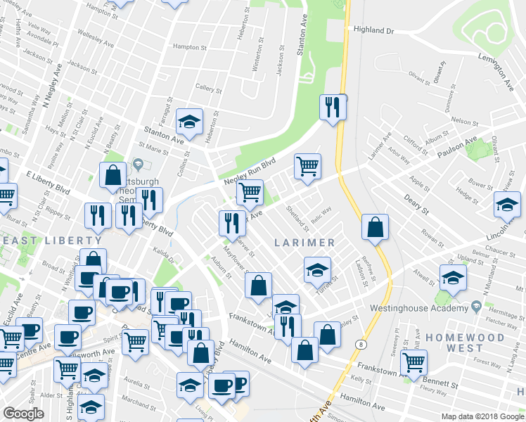map of restaurants, bars, coffee shops, grocery stores, and more near Larimer Ave & Winslow St in Pittsburgh