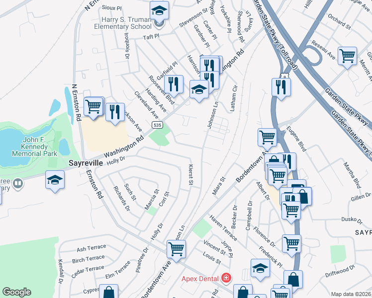 map of restaurants, bars, coffee shops, grocery stores, and more near 52 Kierst Street in Sayreville