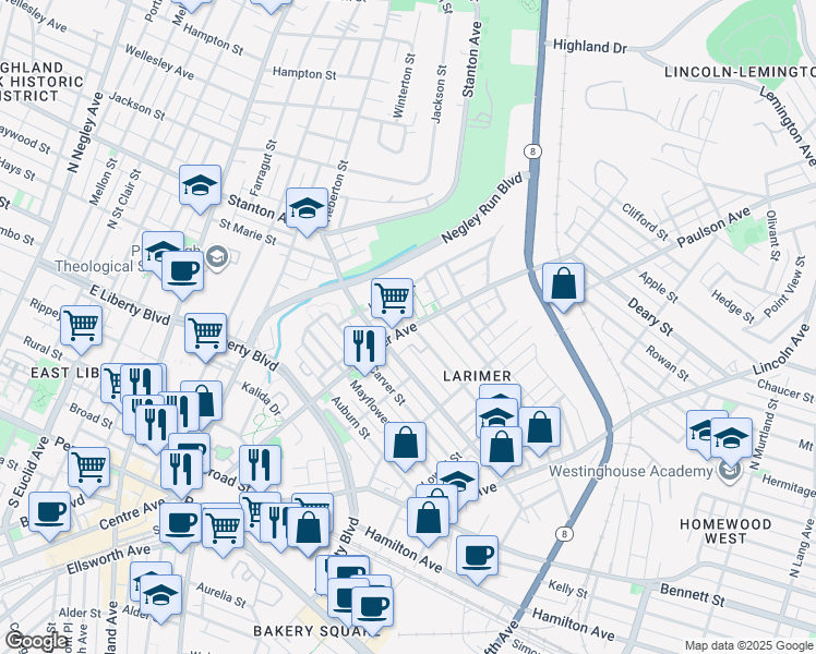 map of restaurants, bars, coffee shops, grocery stores, and more near 525 Larimer Avenue in Pittsburgh