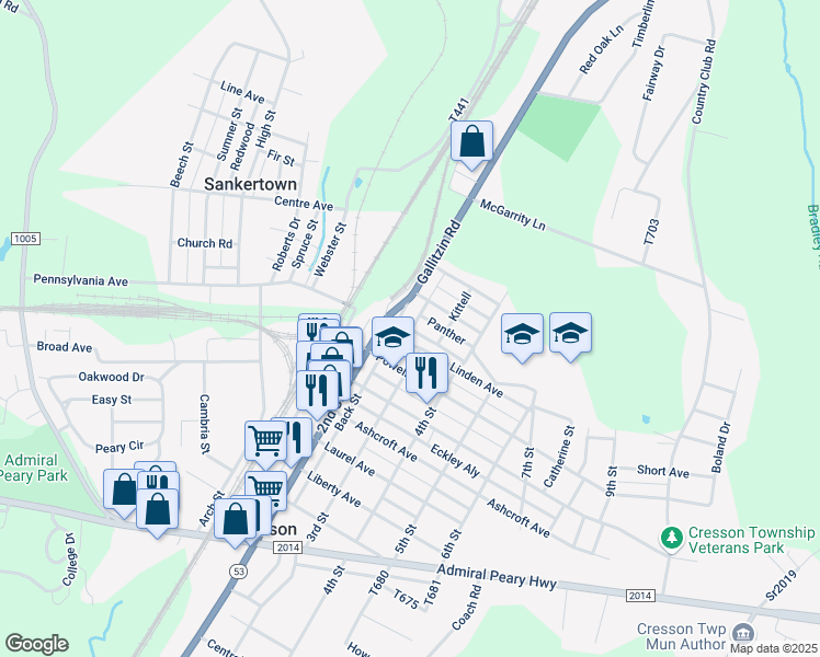 map of restaurants, bars, coffee shops, grocery stores, and more near 238 Columbus Ave in Cresson