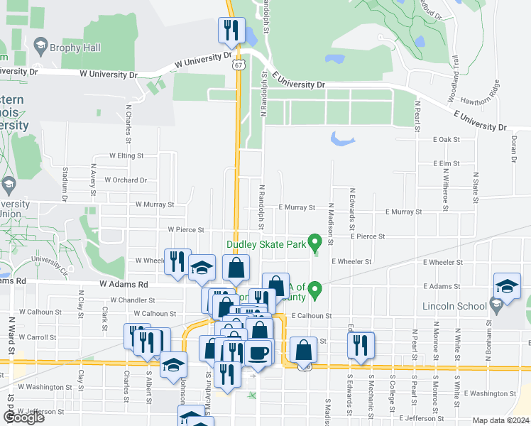 map of restaurants, bars, coffee shops, grocery stores, and more near 629 North Randolph Street in Macomb