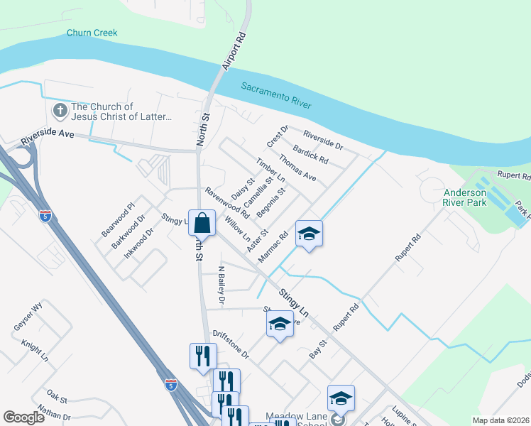 map of restaurants, bars, coffee shops, grocery stores, and more near 3118 Begonia Street in Anderson