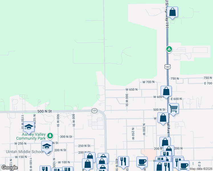 map of restaurants, bars, coffee shops, grocery stores, and more near 692 North 500 West in Vernal