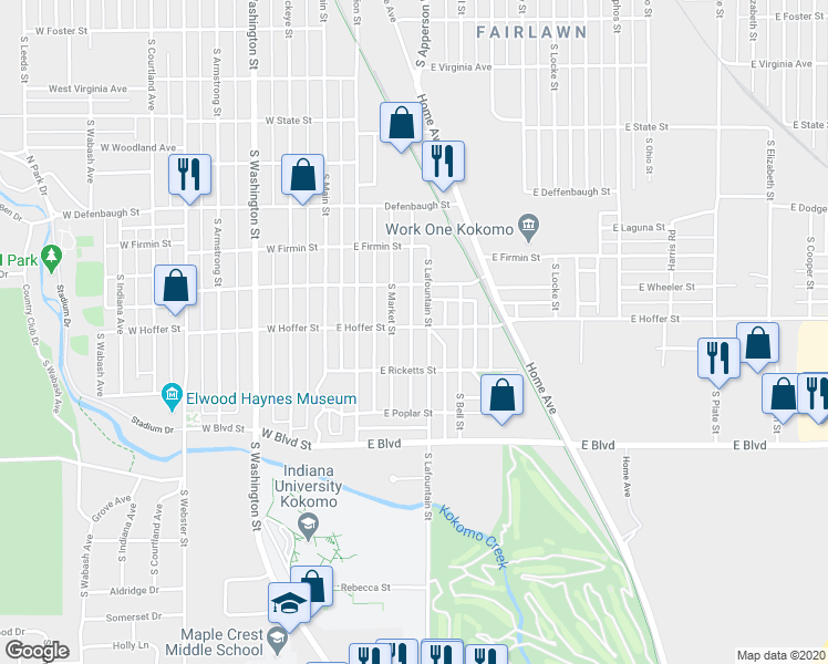 map of restaurants, bars, coffee shops, grocery stores, and more near 323 East Hoffer Street in Kokomo