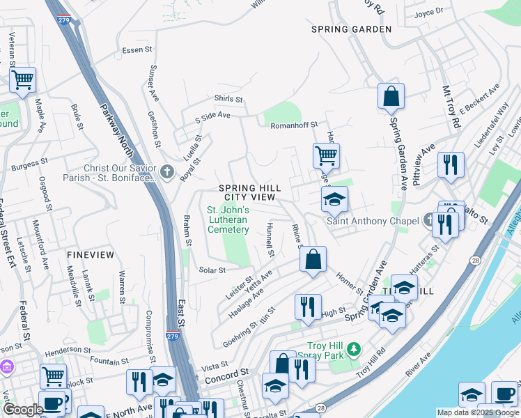 map of restaurants, bars, coffee shops, grocery stores, and more near 25 Woessner Avenue in Pittsburgh