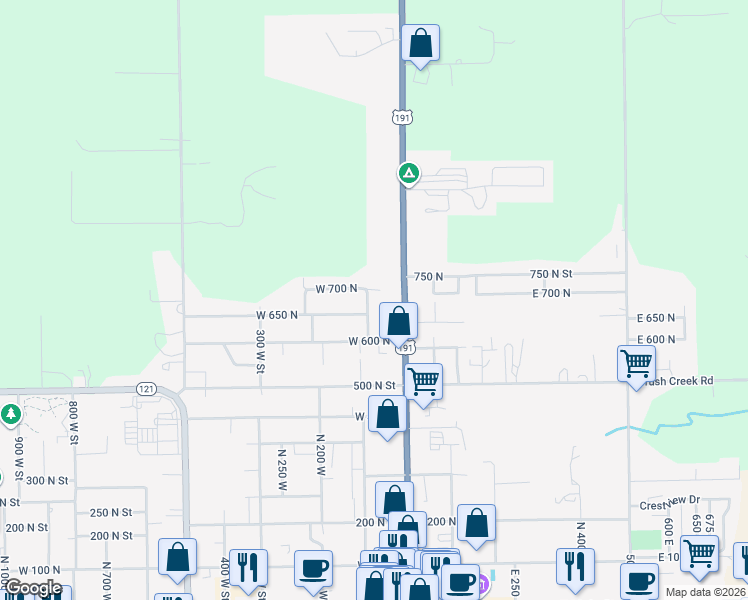 map of restaurants, bars, coffee shops, grocery stores, and more near 668 North 100 West in Vernal