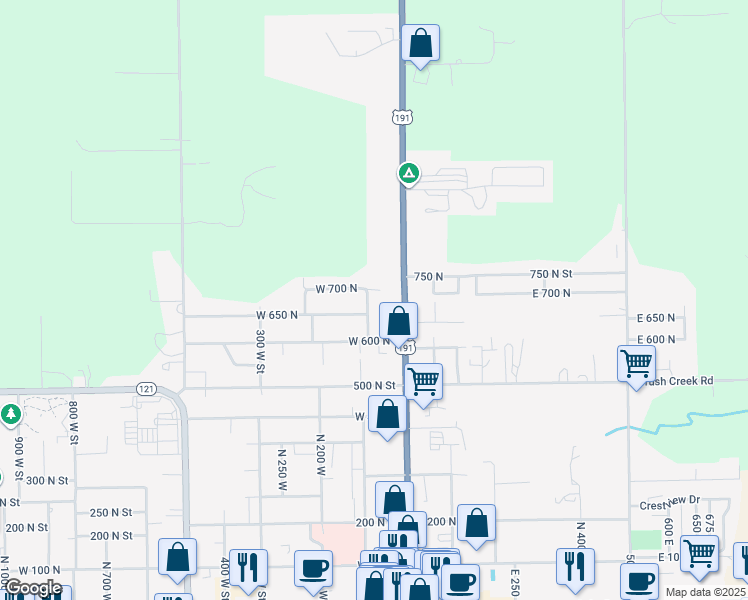 map of restaurants, bars, coffee shops, grocery stores, and more near 668 North 100 West in Vernal