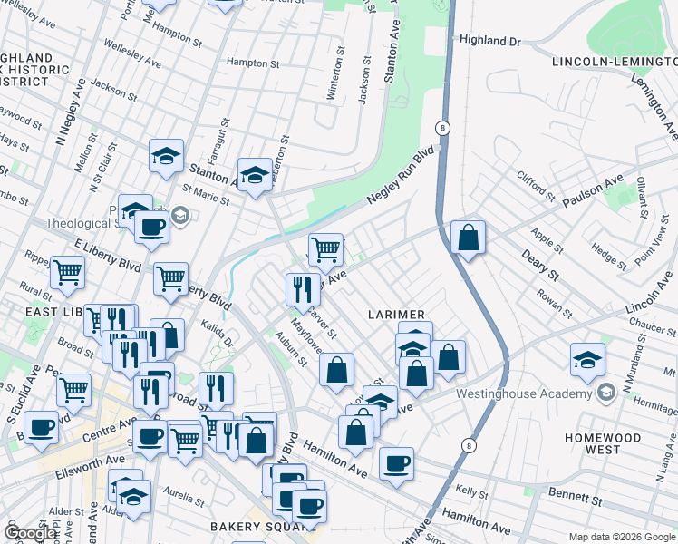 map of restaurants, bars, coffee shops, grocery stores, and more near 525 Larimer Avenue in Pittsburgh