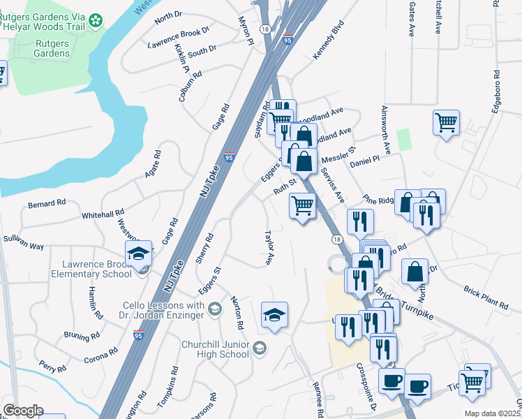 map of restaurants, bars, coffee shops, grocery stores, and more near 26 Eggers Street in East Brunswick