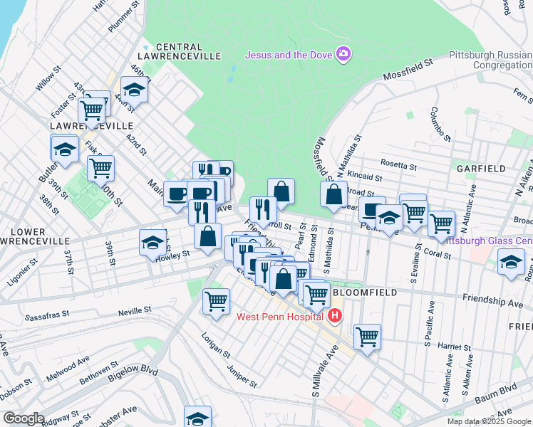 map of restaurants, bars, coffee shops, grocery stores, and more near 4567 Comrie Way in Pittsburgh