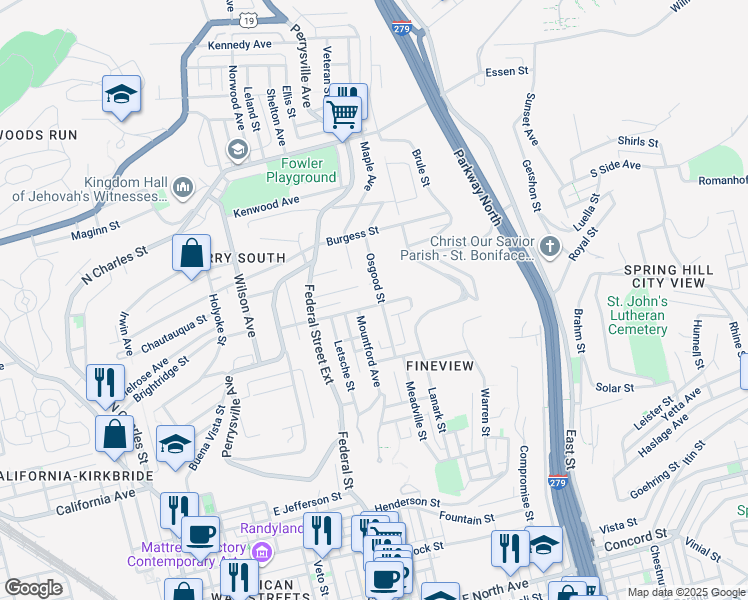 map of restaurants, bars, coffee shops, grocery stores, and more near 324 Lafayette Avenue in Pittsburgh