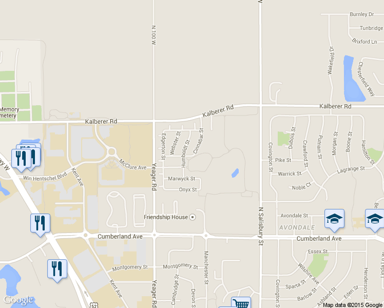 map of restaurants, bars, coffee shops, grocery stores, and more near 3225 Humboldt Street in West Lafayette