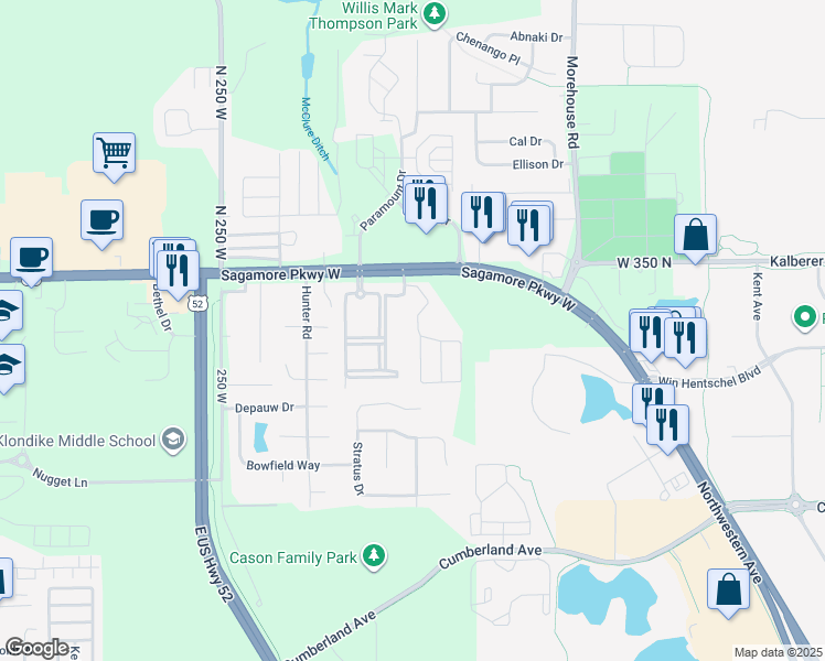 map of restaurants, bars, coffee shops, grocery stores, and more near 3114 Cheswick Court in West Lafayette