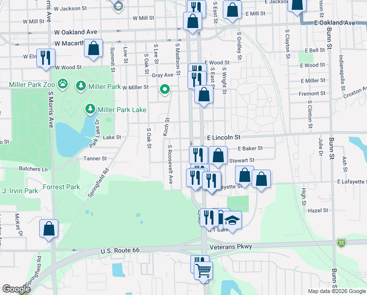 map of restaurants, bars, coffee shops, grocery stores, and more near 1501 South Madison Street in Bloomington