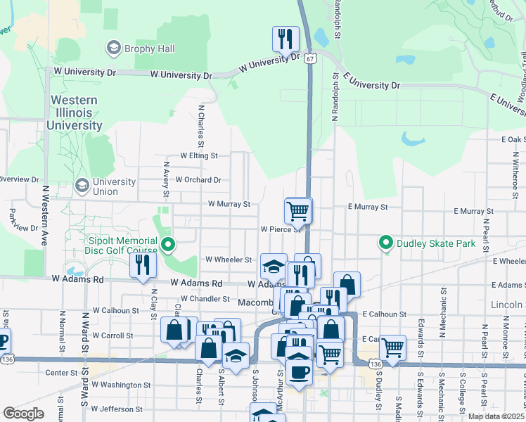 map of restaurants, bars, coffee shops, grocery stores, and more near 631 North Johnson Street in Macomb