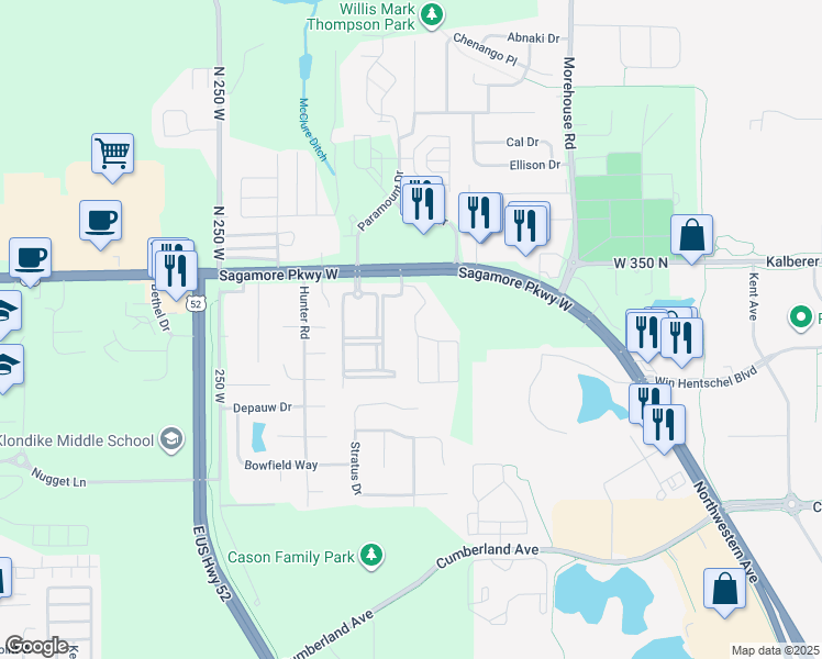 map of restaurants, bars, coffee shops, grocery stores, and more near 3114 Cheswick Court in West Lafayette