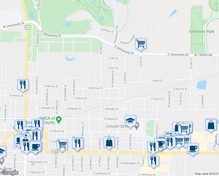 map of restaurants, bars, coffee shops, grocery stores, and more near 912 East Murray Street in Macomb