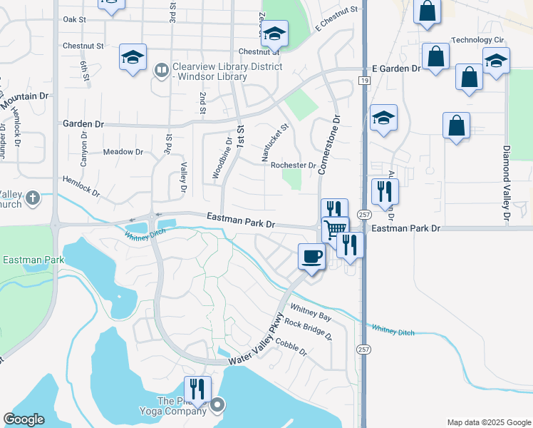 map of restaurants, bars, coffee shops, grocery stores, and more near 101 Rose Court in Windsor