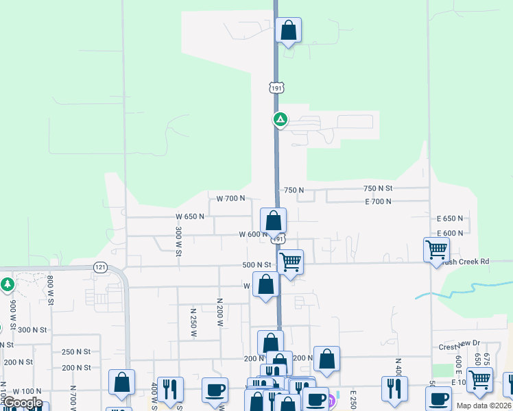 map of restaurants, bars, coffee shops, grocery stores, and more near 672 North 100 West in Vernal