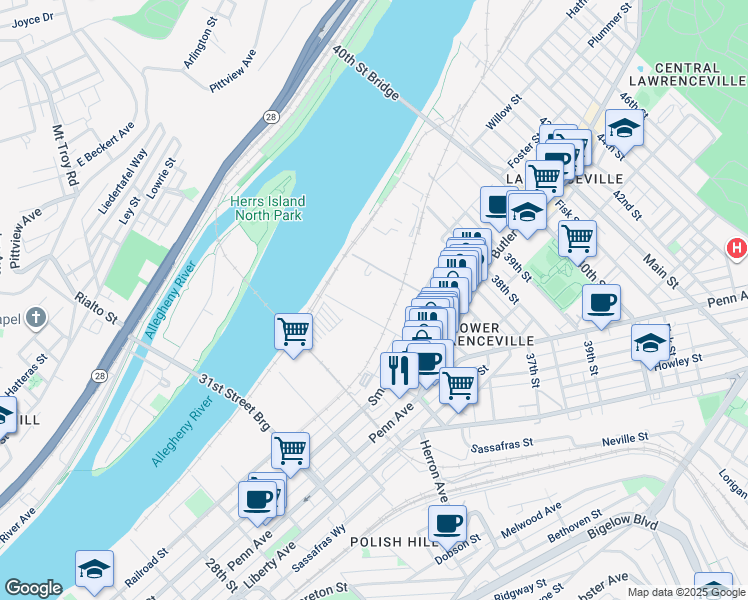 map of restaurants, bars, coffee shops, grocery stores, and more near 101-127 35th St in Pittsburgh
