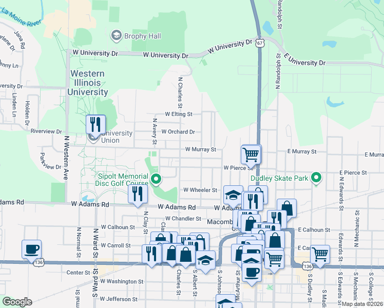 map of restaurants, bars, coffee shops, grocery stores, and more near 622 1/2 North Albert Street in Macomb